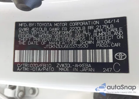 2014 Toyota Prius Two из США, поврежденный, VIN JTDKN3DU6E0373530